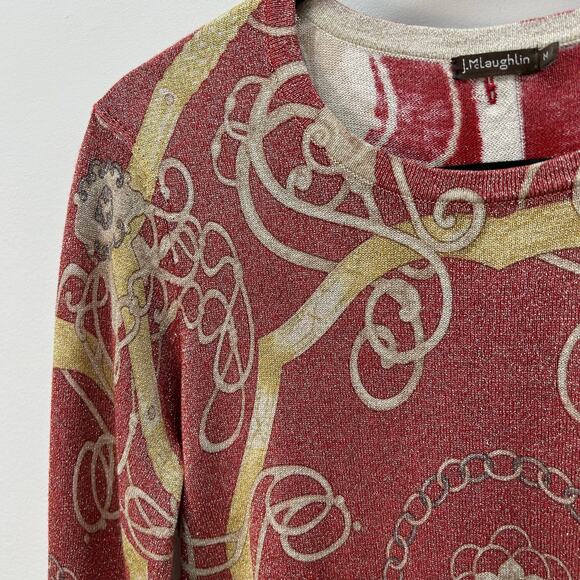 J. McLaughlin Red Gold Metallic Chain Print Button Back Sweater Womens M - Picture 4 of 8